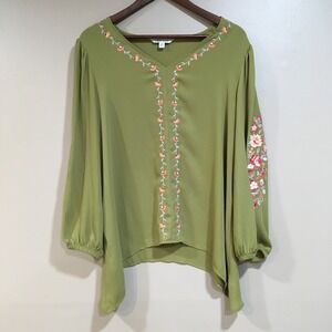 The Pioneer Woman Embroidered Floral Peasant Blouse Olive Green M Cottage 70s